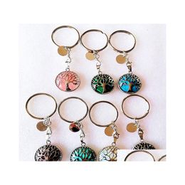 سلاسل المفاتيح Lanyards Tree of Life Reiki شفاء الحجر الطبيعي شقرا Amethyst Pink Rose Key Rings Women Men Jewelry Dhseller Dhv0e