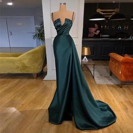 Stunning Mermaid Beaded Evening Dresses Side Split Prom Gowns Pleated Spaghetti Straps Neckline Plus Size Satin Formal Dress