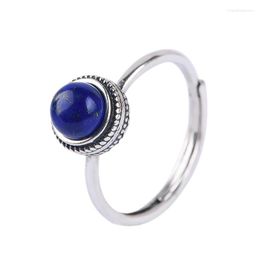 Cluster Rings 925 Sterling Silver Jewellery Female Models Natural Round Lapis Lanyard Ring Simple Fashion Blue Stone For Woman