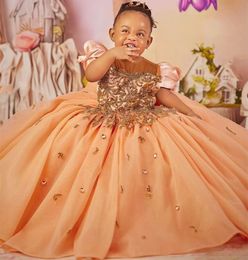 Gold Flower Girls Dresses For Weddings Jewel Neck Illusion Cap Sleeves Crystal Beads Birthday Organza Floor Length Children Girl Pageant Gowns 403