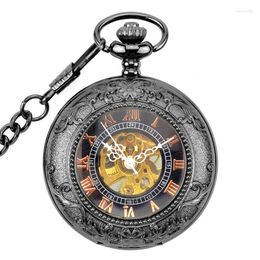 Pocket Watches Gun Black Skeleton Mechanical Hand Wind Fob Clamshell Magnifier Men's Watch Women's Pendant Necklace Gift