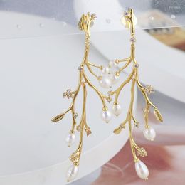 Dangle Earrings European And American Jewellery Wholesale Retro Fashion Freshwater Pearl Golden Leaf Personality Exaggerated