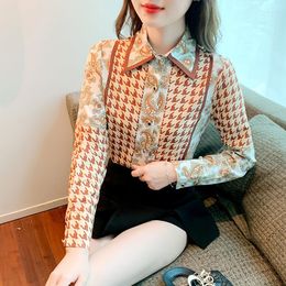 Women's Blouses Summer Blouse Long Sleeve Top Female Clothing Korean Fashion Polo Shirt Poplin Leisure Stitched Houndstooth Loose Houthion