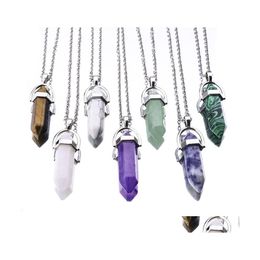 Pendant Necklaces 30Colors Hexagonal Crystal Pink Purple Quartz Natural Stone Chakra Druzy Necklace With 50Cm Stainless Steel Chain Dh7H4