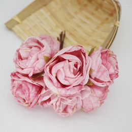 Decorative Flowers 6 Heads Tea Rose Artificial Bud Diy Wreath Headdress Accessories Gift Box Decoration Material Silk Flower