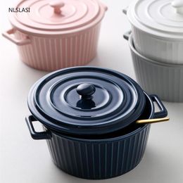 Dinnerware Sets Nordic Round Double Ears Ceramic Bowl With Lid Kitchen Tableware Household Big Bowls Anti-scalding Soup Pot Instant Noodle