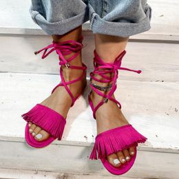 Sandals MIYEDA Lace Up Red Women's Summer Tassels Gladiators Style Open Toe Women Slippers Vacation Plus Size Female Flats