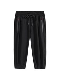 Men's Shorts Plus Size 8XL Big Summer Ice Silk Casual 3/4 Length Trousers Male Bermuda Board Quick Drying Beach Black Long ShortsM