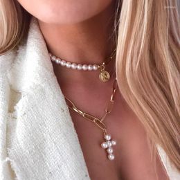 Chains Fashion Pearl Cross Necklace Pendants For Women Coin Statement Necklaces Jewellery Girl Gifts