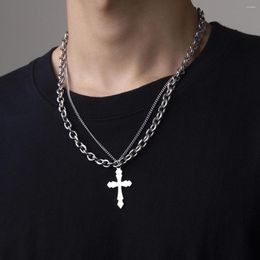 Pendant Necklaces Salircon Simple Smooth Cross Necklace Fashion Punk Double-layer Metal Chain For Women Party Trend Jewellery