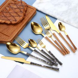 Dinnerware Sets 5 Pieces Of Stone Pattern Tableware Small Waisted Stainless Steel Cutlery Golden Teaspoon Set