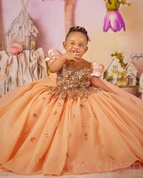 Gold Flower Girl Dresses Jewel Neck Illusion Ball Gown Cap Sleeves Crystal Beading Kids Girls Pageant Dress Floor Length Birthday Gowns