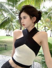 Women's cross halter neck color block knitted short high waist up-navel vest tanks camis