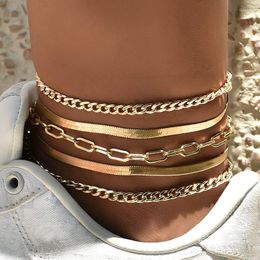 Anklets 5 Pcs/Set Simple Women Multilayer Metal Chain Gold Color Ladies Beach Anklet Set Bohemian Party Wedding Jewelry