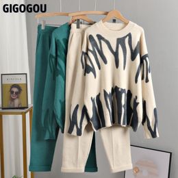 Women's Two Piece Pants GIGOGOU OverSized Tie Dye Winter Knit Two Piece Set Women Harem Pant Suits Loose Sweaters Jogging Knitted Tracksuit Outfits 230217