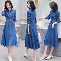 Casual Dresses 2023 Korean Style Women Slim Denim Dress Fashion Female Long Sleeve Turn-Down Collar Single Breasted Mid-Calf Z677