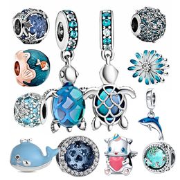 Real 925 Sterling Silver Ocean Blue Sea Turtle Dangle Bead Fit Original Pandora Charms Bracelet DIY Women Jewellery Summer Collection