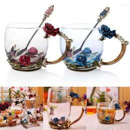 Cups Saucers Enamel Coffee Tea Cup Mug 3D Rose Butterfly Glass Wedding Gift Flower High-grade Drinkware Couple RE