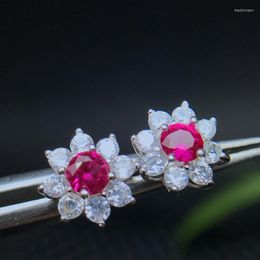Stud Earrings Trendy 925 Silver Ruby Flower For Women Fine Jewelry White Gold Plated Gemstone Birthday Gift