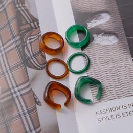 Cluster Rings 3pcs/set Creative Retro Design Resin Y2k Style Stackable Jewellery Geometric Green Brown Fashion Free Size Ring WholesaleCluster