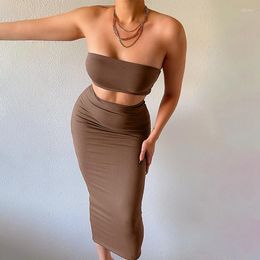 Skirts 2PCS Women Clothing Brown 3 Colours Boob Tube Top Suit Lady Slim Sexy Package Hip Skirt Girl Maid Bust Midiskirt