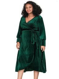 Plus Size Dresses Elegant Spring Autumn Long Sleeve Midi Velvet Wrap Dress Women Formal Dark Green Tie Waist V-neck Christmas 5XL