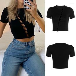 Women's T Shirts Women's Short Sleeve Round Neck Crimped Hole Hollow Slim T-Shirt Black