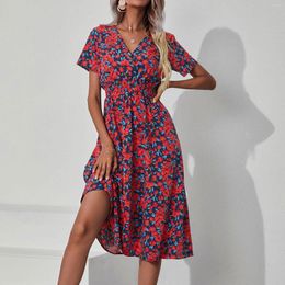 Casual Dresses Floral Print Summer Dress Women 2023 V-neck Short Sleeve Long Woman Beachwear Ladies Sundress Flower Midi