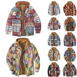 Men's Jackets Fashion Men's Quilted Lined Button Down Plaid Printed Zipper Casual Long Sleeve Hooded Shirt Coat Winter Warm Jacket