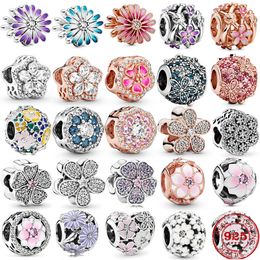 Real 925 Sterling Silver Purple Pink Daisy Beads Fit Original Charms Pandora Bracelet Bead Jewelry Making Free Shipping