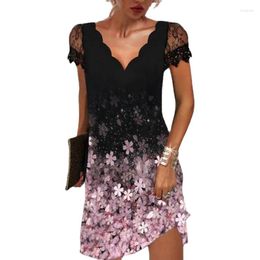 Casual Dresses Summer Women's Lace Sleeve Ethnic V-Neck Gradient Print Mesh Loose Midi Dress Fashion Vintage Sexy Party