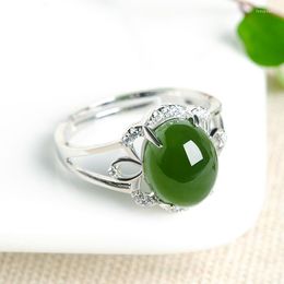 Cluster Rings Hetian Jade Ring Women's Hand Ornaments Original 925 Silver Inlaid Natural Jasper Egg Face