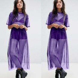 Sarongs 2023 Women Summer See Through Cover-Ups Lace Mesh Beach Holiday O Neck Short Sleeve Wrap Loose Bikini Long Cover-Up Dress1