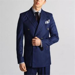 Men's Suits Blue Stripe Double Breatesd Wedding Men Suit 2Pieces(Jacket Pant Tie) Groom Prom Masculino Trajes De Hombre Blazer 802