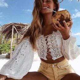 Sarongs In-X Beach Dress Summer 2023 White Lace Cover Ups Off Shoulder Women Up Lantern Sleeve Crop Top Sexy