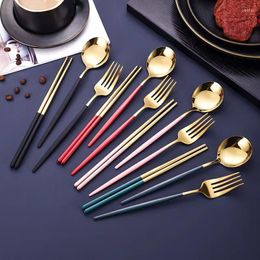 Dinnerware Sets Stainless Steel Portable Tableware Fork Spoon Chopsticks Portuguese Western Three-piece Set Titanium Plated Colour