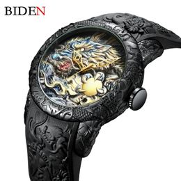 Wristwatches Top Brand BIDEN Mens Watches Dragon Design Quartz Watch Silicone Strap Waterproof Sport Wristwatch Male Clock Relogio Masculino