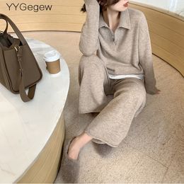 Women's Two Piece Pants 2 Pieces Set Women oversize Tracksuit polo collar Sweater Pullover straight pants Sweater Set CHIC Knitted Outwear sweater suit 230217