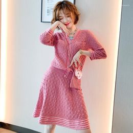 Work Dresses Ladies Sweater Suit Temperament V-neck Single-breasted Knitted Cardigan High Waist A-line Skirt Two-piece Set 2023