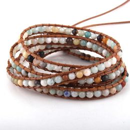 Charm Bracelets Fashion Women Jewelry Brown Leather Bracelet Handmade 5 Strands 4mm Natural Stones Wrap DropShippers1