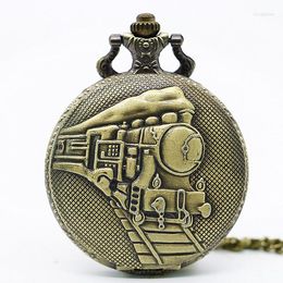 Pocket Watches Unique Retro Bronze Train Front Design Necklace Pendant Quartz Watch With FOB Chain Mens Womens Gifts #122103