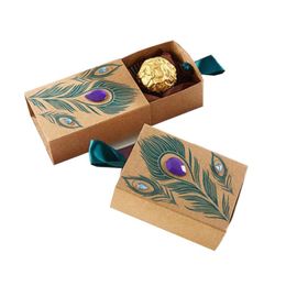 Gift Wrap 10/20/30Pcs Peacock Drawer Candy Box Kraft Paper Wedding Favour Packaging With Ribbon Birthday