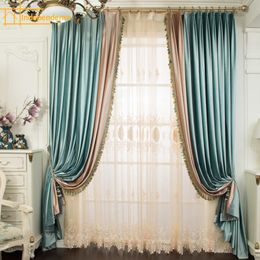 Curtain & Drapes Retro Curtains For Living Dining Room Bedroom High-end French-style American Luxury Color-blocking Shading Velvet Screens V