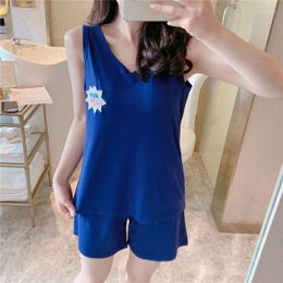 Women's Sleepwear Summer Pajamas Set 2023 Milk Silk Embroidered Letter Vest And Shorts 2 Pcs Suits Women Thin Loose Home Wear