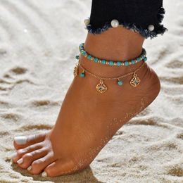 Anklets 2023 Fashion Retro Two-piece Alloy Turquoise Bracelet Hollow Flower Bead Beads Pendant Chain Jewelry Women