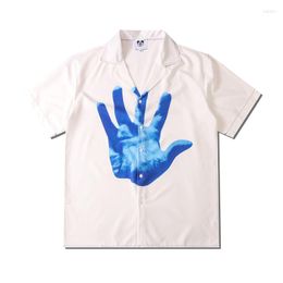 Men's Casual Shirts Fashion Palm Print Pattern Shirt Short Sleeve Men Streetwear 2023 Summer Camisa Masculina Color Contrast Blue