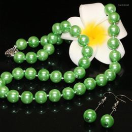 Necklace Earrings Set Wholesale Fashion Women Party Gifts 10mm Round Green Imitation Pearl Shell Beads Jewellery 18inch B2349