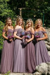 Dusty Lavender Bridesmaid Dresses Off The Shoulder A Line Tulle Straps Floor Length Sleeveless Ruched Custom Made Plus Size Maid Of Honor Gowns