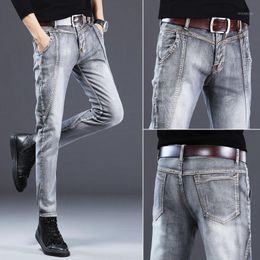 Men's Jeans Slim Fit Grey Stretch Scratch Black High Quality Fashion Casual