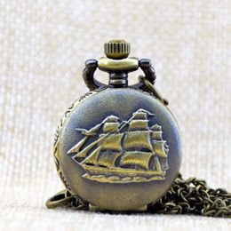 Pocket Watches Bronze Small Ship Sailboat Quartz Watch Analogue Pendant Necklace Men Women Gift